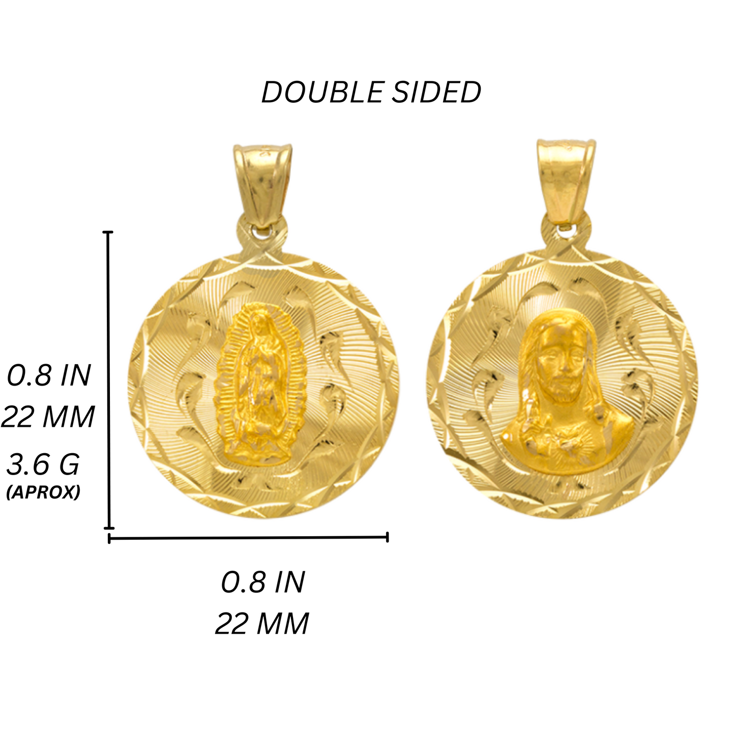 14K Gold Double Sided Jesus & Virgencita Round Pendant
