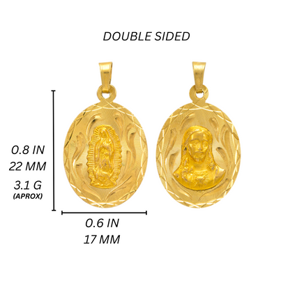 14K Gold Double Sided Jesus & Virgencita Oval Pendant