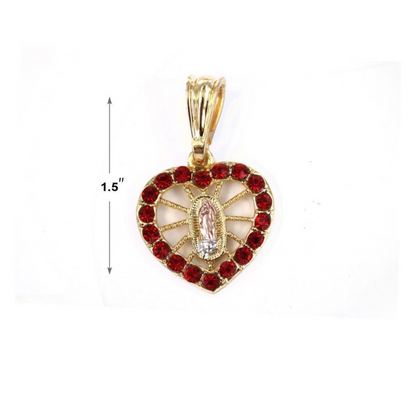 Virgen De Guadalupe Heart Shape Necklace (Red Stones)